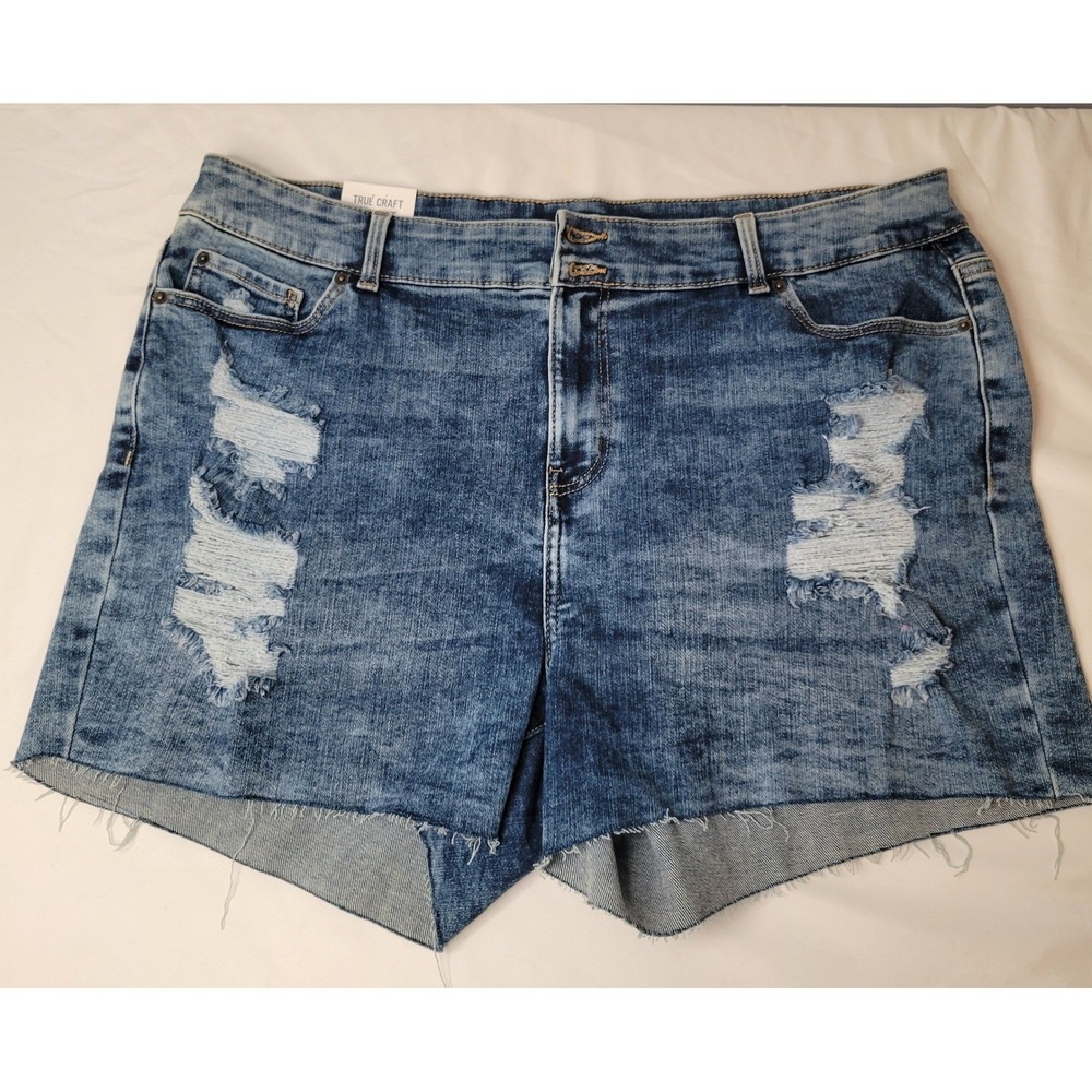 True Craft High-Rise Denim Shorts Womens 22W‎ Blue Distressed Raw Hem